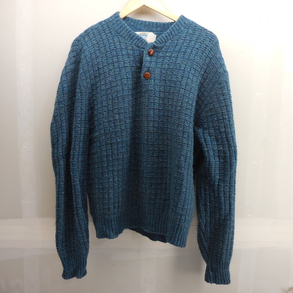 VTG Environmental Clothing Mens Blue Wool Blend Waffle Knit Henley Sweater USA L